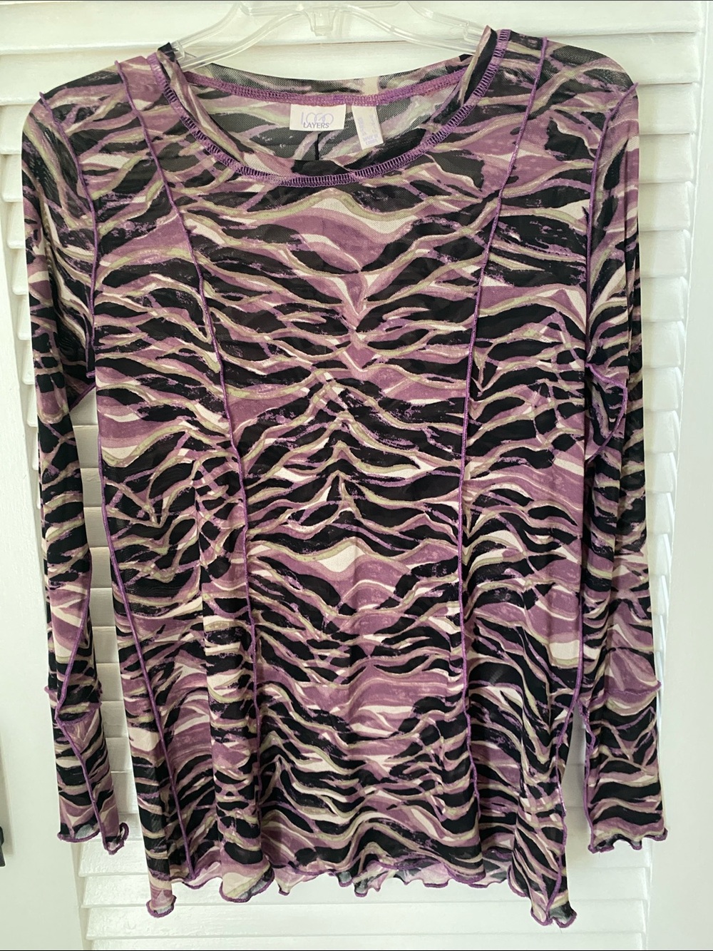 LOGO by Lori Goldstein Purple Black Taupe Zebra Print Long Sleeve MeshTee